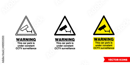 Site security sign warning this car park is under constant cctv surveillance icon of 3 types color, black and white, outline. Isolated vector sign symbol.