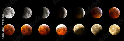 Composite image of lunar eclipse showing progressive phases in silver, red and yellow color