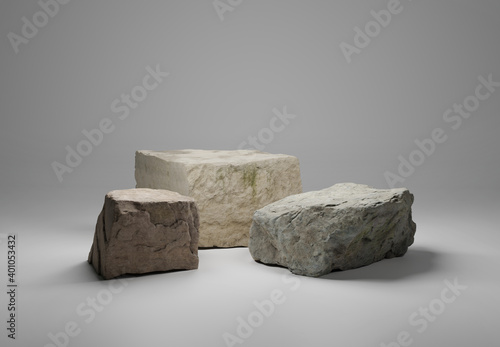 Podium platform for product presentation made of three big rocks. Podium display set. Trendy minimalist banner. 3d illustration. 3D render.