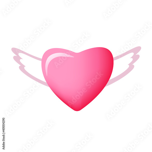 Big vector cute red heart with glare realistic flat style with wings. Valentine's day print, Valentine's card. Falling in love. Isolated sticker. Festive romantic postcard, icon. 