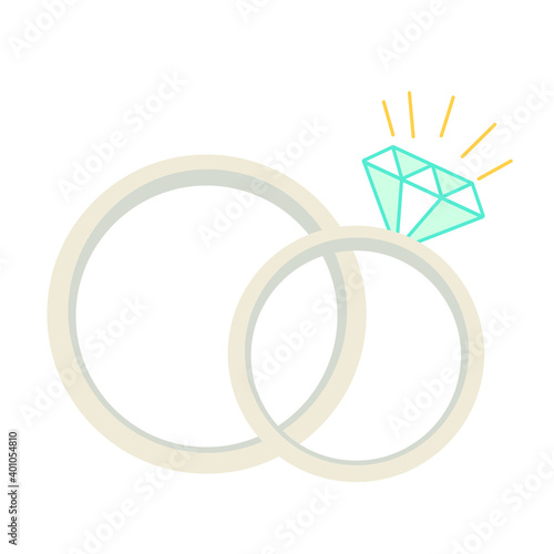 wo vector rings of the bride and groom. Wedding rings made of gold. Lovers' engagement. Rings in cartoon style. A ring with a diamond. A symbol of loyalty and love of a husband and wife. White gold