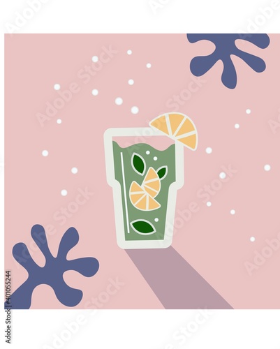 A glass of bright mojito drink with lemon slices and bubbles on a pink background. Decorative flat illustration. Refreshing cocktail.
