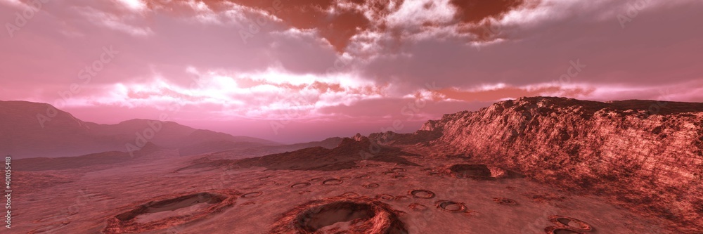 Alien landscape, planet surface, martian sunset, sunrise on mars, panorama of mars 3d rendering