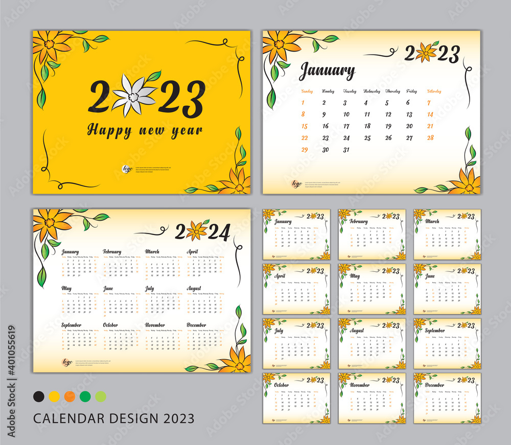 Desk Calendar 2023 template set, flower concept, Calendar 20232023