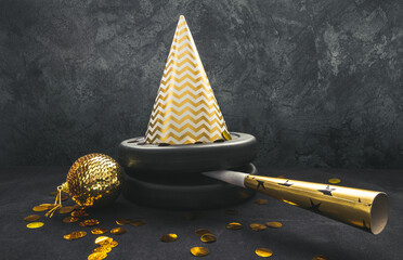 Heavy dumbbells weight plates with party hat and golden horn blower for New Year's Eve celebration. Healthy fitness lifestyle concept with confetti and ornament. Gym, workout New Year's resolution.