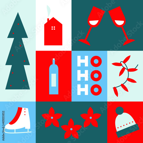 Merry Christmas Scandinavian art set. Flat geometric style symbols holiday Christmas. Christmas tree, wine, garland, gift, claus, Noel, skates, glass, Poinsettia. Minimalism. Vintage. 