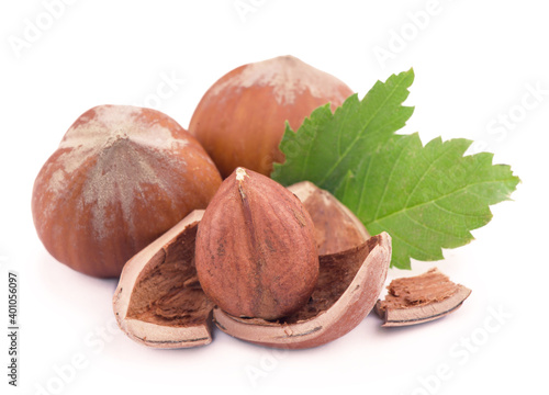 Closeup of hazelnuts, isolated on the white background