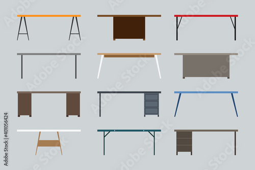 Modern, contemporary, loft, cartoon flat style business office table vector illustration set. Wooden, empty, stylish front view desk workplace icon collection on gray background