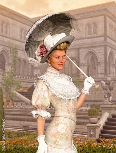 Photography Elegant Jane Austen style woman strolling a courtyard