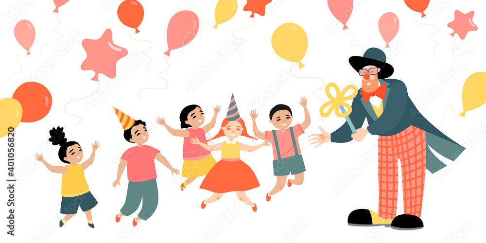 Fototapeta Illustration of a children's party with a cheerful clown and balloons