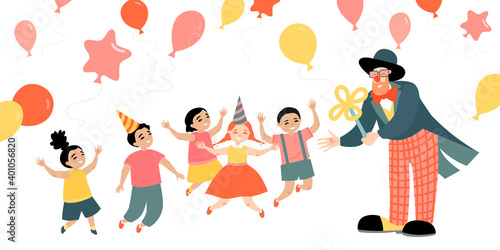 Illustration of a children's party with a cheerful clown and balloons