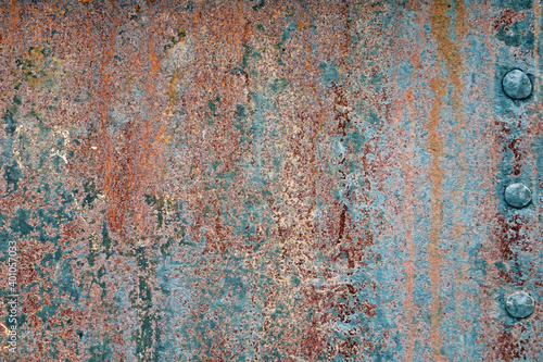 Retro Rusty Metal Wall Background. Old Scratched Paint Texture. Rough Grunge Iron Material.