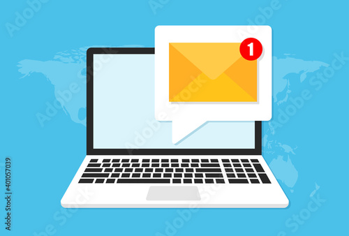 Laptop with envelope and document on screen. E-mail, email icon