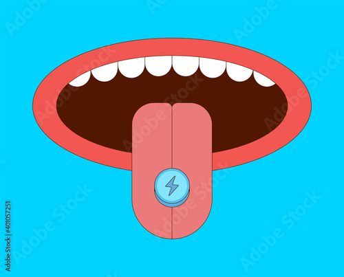 Tongue with drug ecstasy pill vector illustration in cartoon style