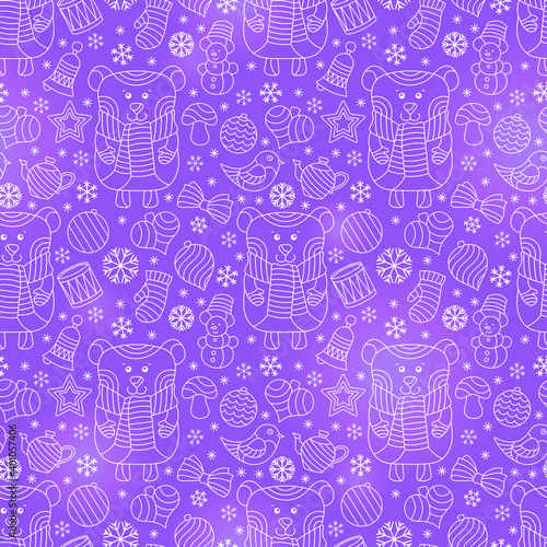 Fototapeta Naklejka Na Ścianę i Meble -  Seamless pattern on the theme of New year and Christmas, contour Christmas tree toys, bears and snowflakes, light outlines on a purple background