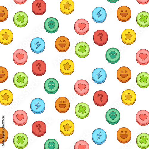 Ecstasy colorful drug pills seamless pattern. Colorful candies in cartoon style vector pattern