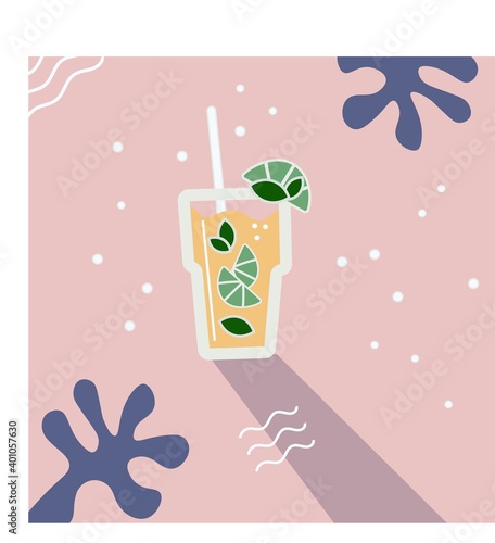 A glass of bright mojito drink with lime slices and bubbles on a pink background. Decorative flat illustration. Refreshing cocktail.