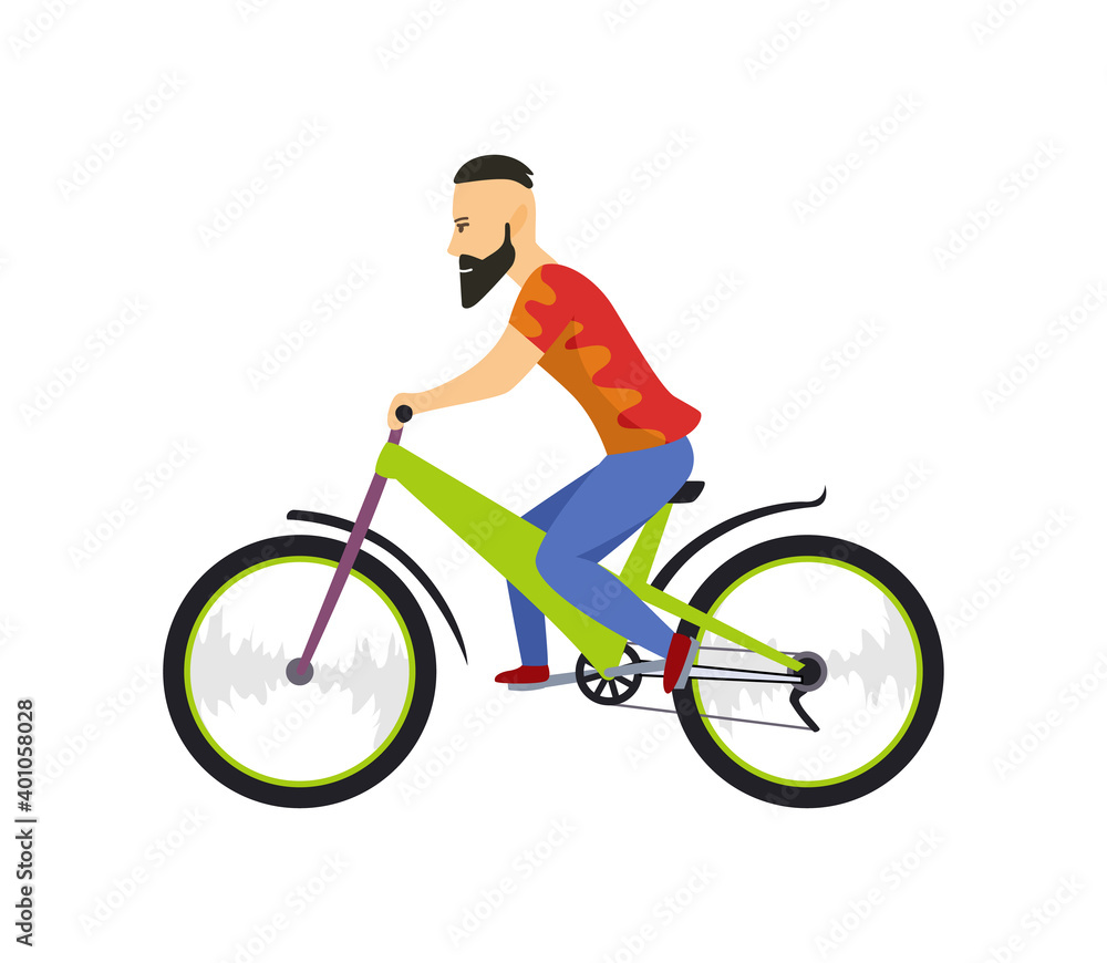 Men riding bicycle. With bicycle and boy in sportswear. Cartoon character design. Flat illustration isolated on white background. Men riding bicycle. With bicycle and boy in sportswear. Cartoon character design. Flat illustration isolated on white background.