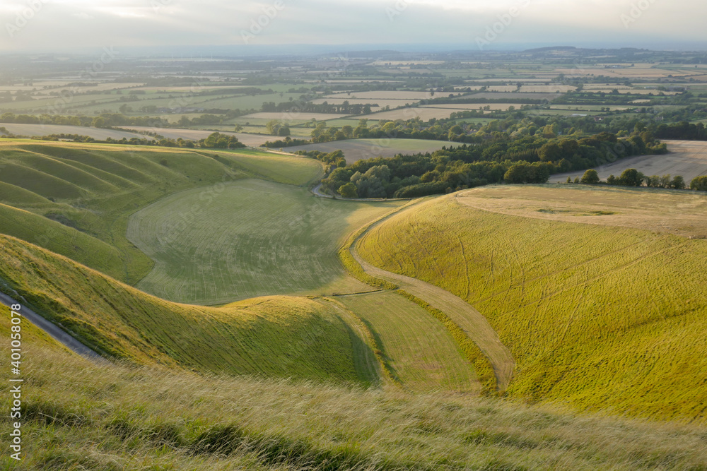 Curved grasslands seen from above at sunset from White Horse Hill Uffington 