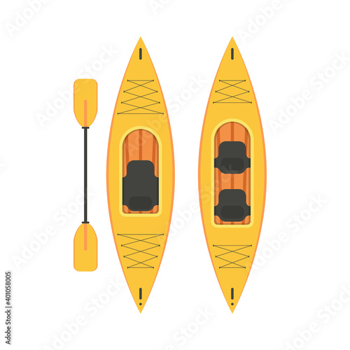 Single and double kayaks with double paddles. Top view of a canoe for fishing and tourism. Vector, cartoon.
