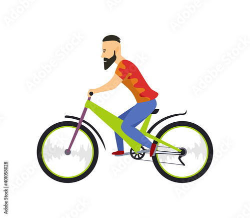 Fototapeta Naklejka Na Ścianę i Meble -  Men riding bicycle. With bicycle and boy in sportswear. Cartoon character design. Flat illustration isolated on white background.