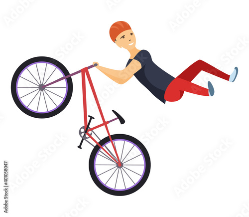 Stampa su tela Ride on a sports bicycle, BMX cyclist performing a trick, mountain bike competition, color illustration isolated on a white background