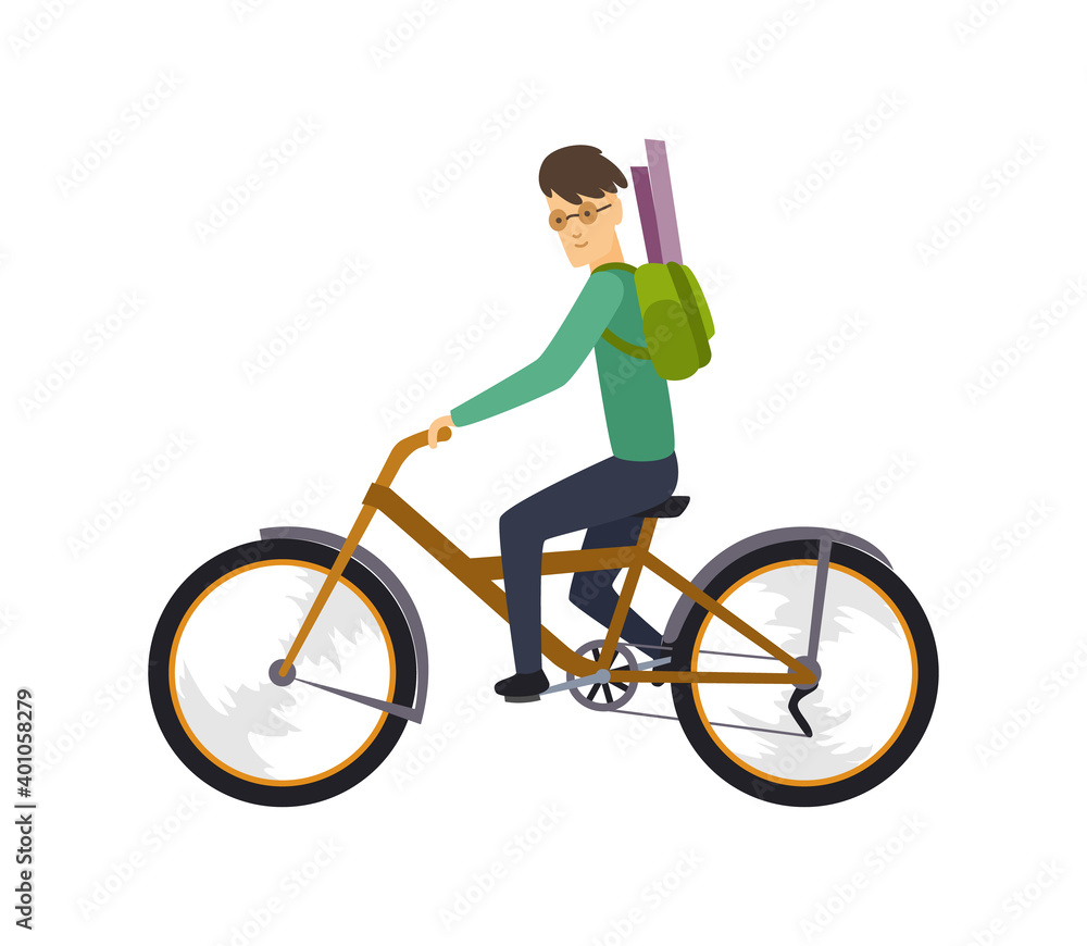 character of happy man on bicycle isolated on white. Concept recreation and wellness in flat style.