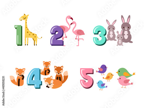 Numbers learning for children set colorful bright. Let's count to 5 for kids education. Big vector set with cartoon animals flat style design. Numbers collection learning math and counting. Zoo