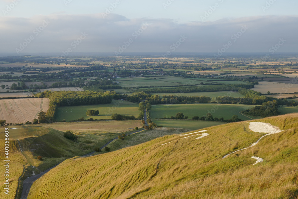 English countryside from White Horse Hill Uffington with chalk drawing of ancient White Horse