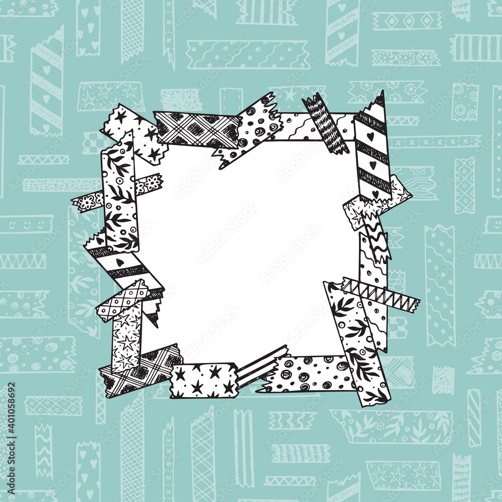 Square frame of Strips Masking Tape. Hand Drawn Doodle Sticky tape. Scotch pattern. Black and white Adhesive tape. Patchwork. Scrapbook
