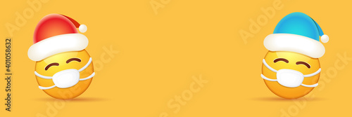 Vector Christmas horizontal banner with funky Emoji sticker with mouth medical protection mask and santa claus red hat isolated on orange background. Yellow santa doctor smile face character set