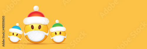 Vector Christmas horizontal banner with funky Emoji sticker with mouth medical protection mask and santa claus red hat isolated on orange background. Yellow santa doctor smile face character set