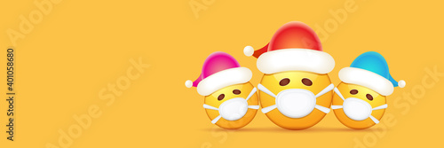 Vector Christmas horizontal banner with funky Emoji sticker with mouth medical protection mask and santa claus red hat isolated on orange background. Yellow santa doctor smile face character set