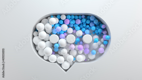 3d bright render background with cut out shape filled with colored spheres. Bright positive concept. Message balloon.