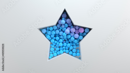 3d bright render background with cut out shape filled with colored spheres. Bright positive concept. Star shape.
