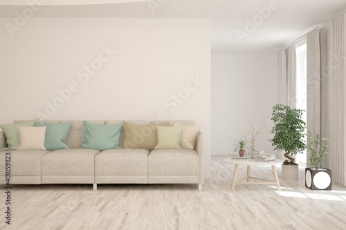 White living room with sofa. Scandinavian interior design. 3D illustration © AntonSh