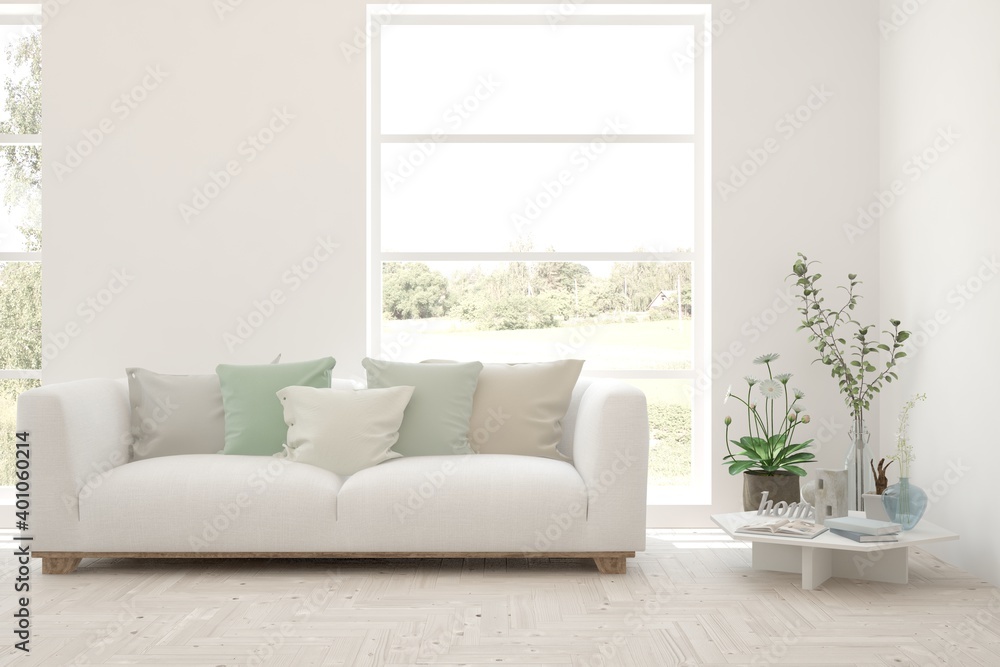 White living room with sofa and summer landscape in window. Scandinavian interior design. 3D illustration White living room with sofa and summer landscape in window. Scandinavian interior design. 3D illustration