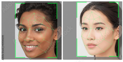 Face identification to protect access and datas with black and asian woman