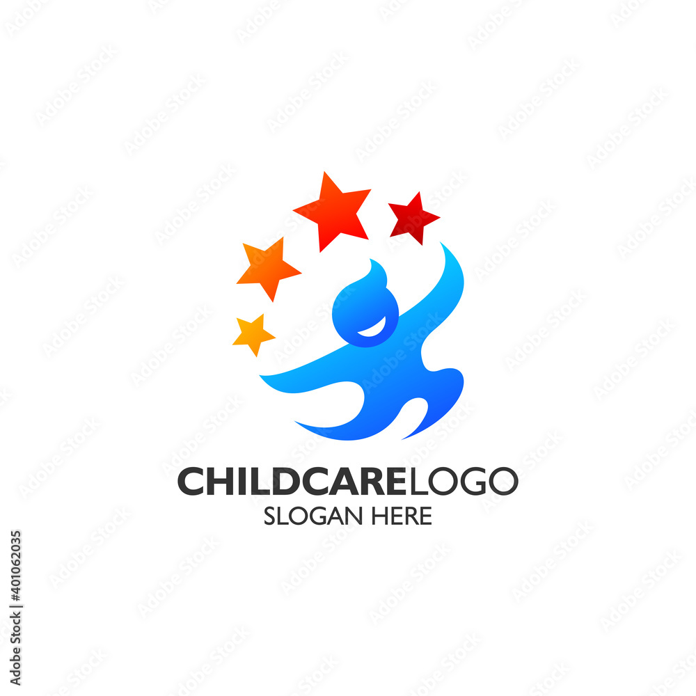 Playful kid and stars for childcare and education logo design template Playful kid and stars for childcare and education logo design template