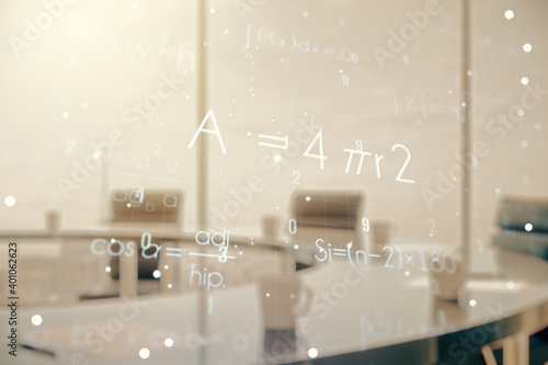 Double exposure of scientific formula hologram on a modern meeting room background  research and development concept