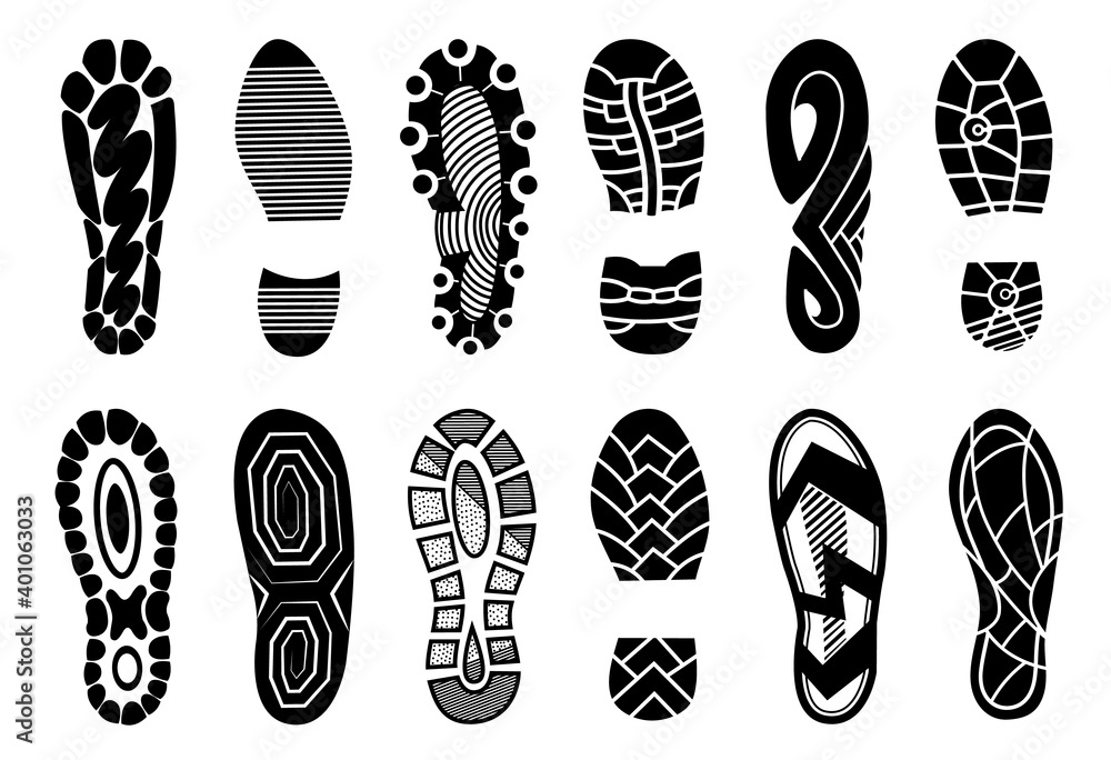 Collection of footprints human shoes silhouette. Set of shoe soles print. Different footprints men women sneakers shoes boots. Isolated footstamp icons on white background Collection of footprints human shoes silhouette. Set of shoe soles print. Different footprints men women sneakers shoes boots. Isolated footstamp icons on white background