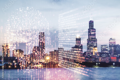 Abstract virtual code skull illustration on Chicago skyline background. Hacking and phishing concept. Multiexposure