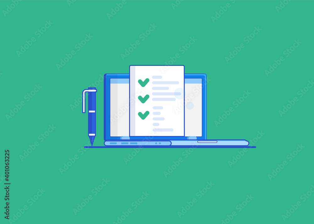 DIsplay monitor with list and checkbox and marks on desktop computer. Online form survey, checking a document or taking an exam test. Vector illustration for web banners, infographics, websites. DIsplay monitor with list and checkbox and marks on desktop computer. Online form survey, checking a document or taking an exam test. Vector illustration for web banners, infographics, websites.