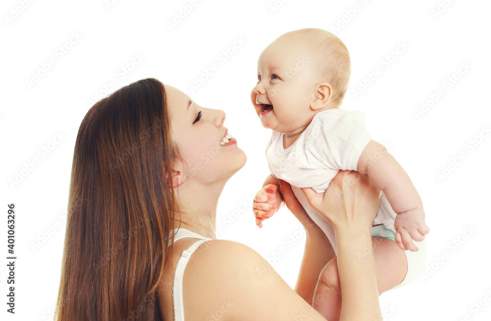 Portrait of happy smiling mother and baby playing together over a white background Portrait of happy smiling mother and baby playing together over a white background