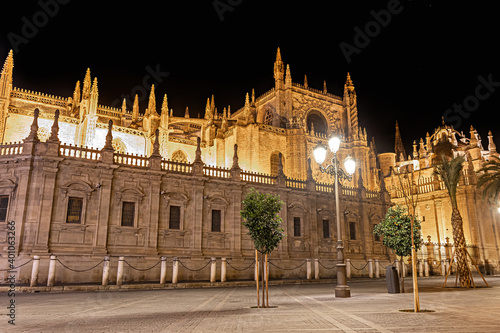 Seville Cathedral of Saint Mary of the See (Catedral de Santa Maria de la Sede de Sevilla) illuminated at night