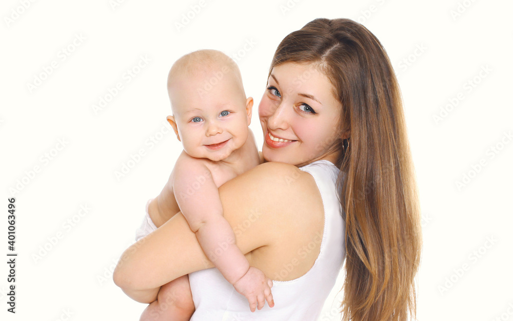 Portrait of happy smiling mother and baby playing together over a white background Portrait of happy smiling mother and baby playing together over a white background