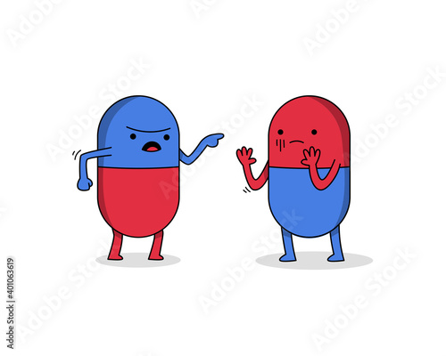 Cute pills cartoon character arguing