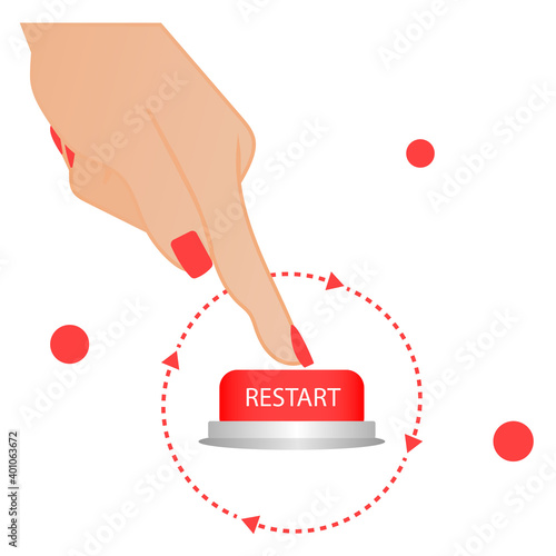 Restart button vector illustration concept. Woman hand with the restart red bottom. Restart vector concept illustration.