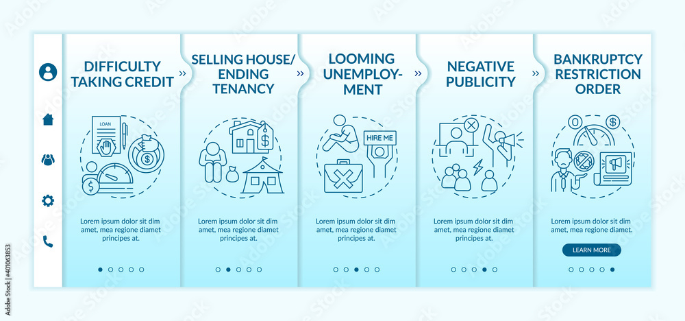 Naklejka premium Financial difficulty onboarding vector template. Negative publicity. Bankruptcy restriction order. Responsive mobile website with icons. Webpage walkthrough step screens. RGB color concept