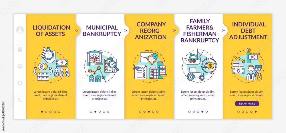 Bankruptcy procedure onboarding vector template. Liquidation of asset. Company reorganization. Responsive mobile website with icons. Webpage walkthrough step screens. RGB color concept